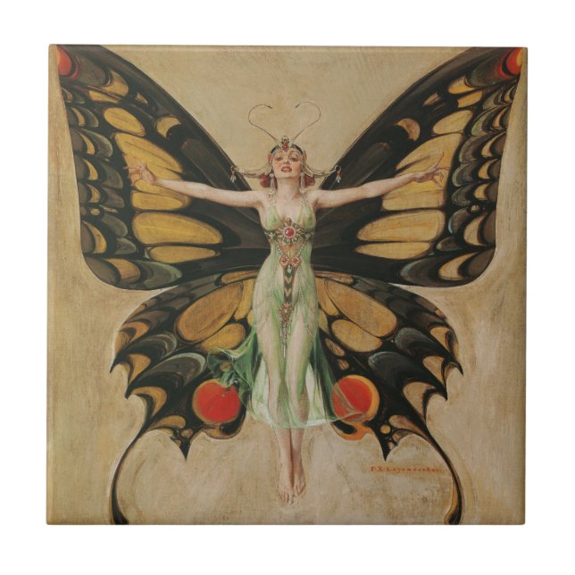 Carreau Fille au papillon de Leyendecker Art Déco Vintage (Devant)