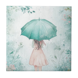 Carreau Fille au parapluie sarcelle Jardin pluvieux