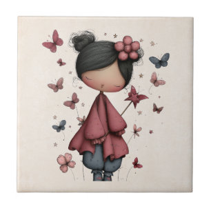 Carreau Fille avec baguette magique et papillons Mignonne