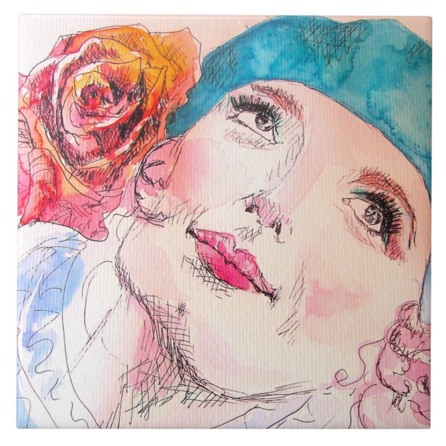 Carreau Fille avec Béret Rose Rouge Aquarelle Carte magnét (Devant)