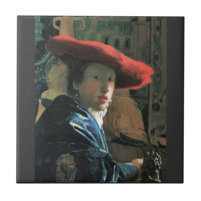 Carreau Fille avec le casquette rouge par Johannes Vermeer (Devant)
