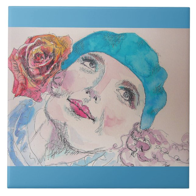 Carreau Fille avec Rose rouge Beret Aquarelle (Devant)