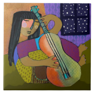 Carreau Fille avec tuile en céramique guitare/Trivet (car