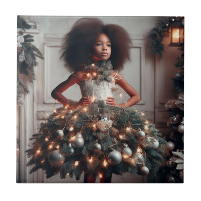 Carreau Fille avec une robe de sapin de Noël (Devant)