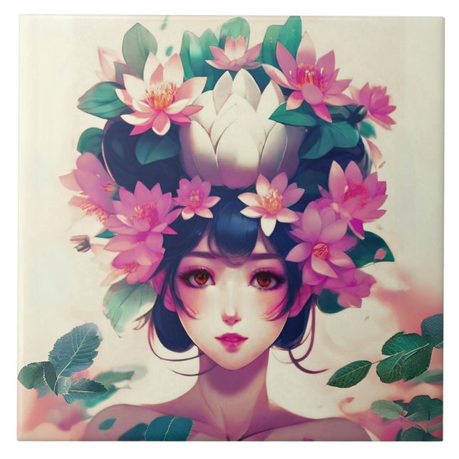 Carreau Fille d'anime couronnée de fleurs de lotus (Devant)