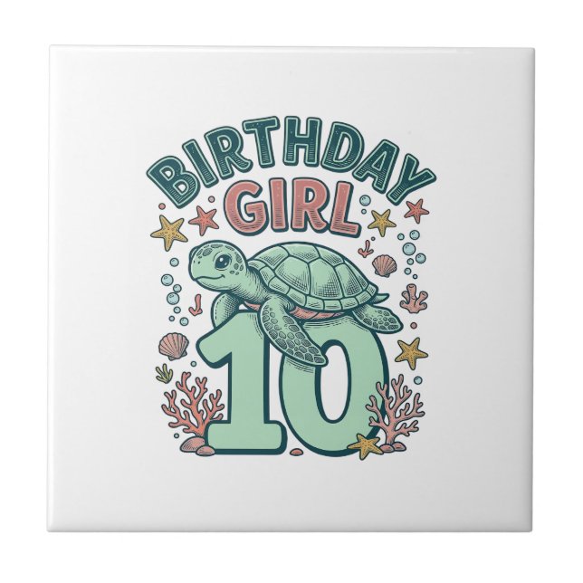 Carreau Fille d'anniversaire 10 Tortue de mer Gravure vint (Devant)