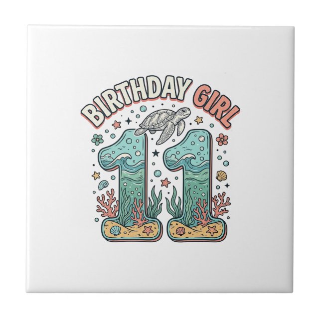 Carreau Fille d'anniversaire 11 Tortue de mer Conception d (Devant)