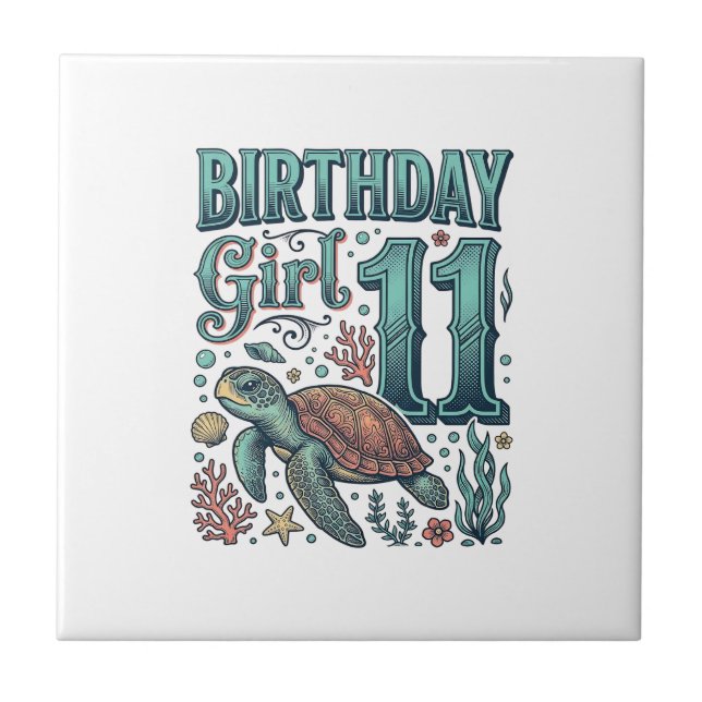 Carreau Fille d'anniversaire 11 Tortue de mer Gravure vint (Devant)