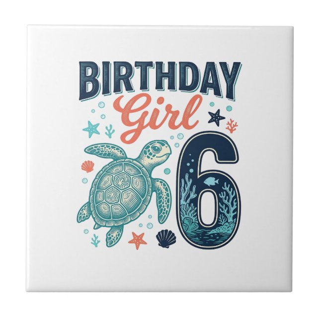 Carreau Fille d'anniversaire 6 Tortue de mer Conception ve (Devant)