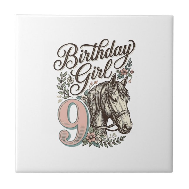 Carreau Fille d'anniversaire 9 Cheval Floral Gravure Vinta (Devant)