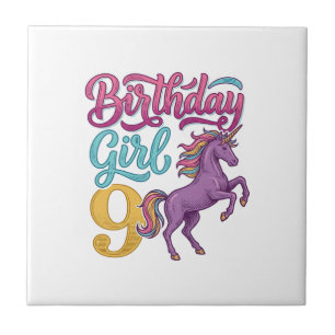 Carreau Fille d'anniversaire 9 Licorne Dessin de gravure v