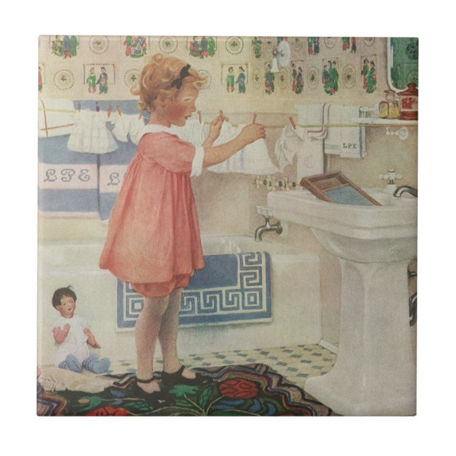 Carreau Fille d'autrefois, enfant faisant la lessive en ét (Devant)