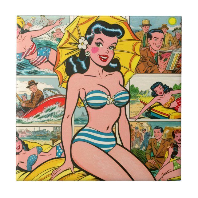 Carreau Fille de bande dessinée d'été en bikini rétro (Devant)
