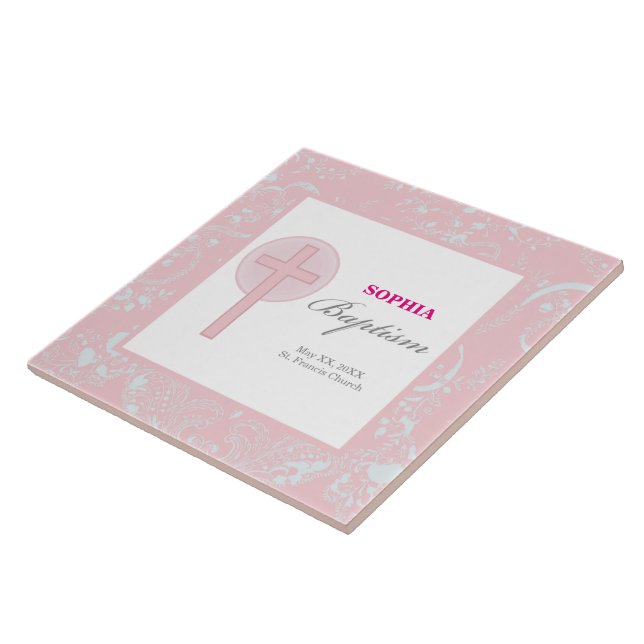 Carreau Fille en dentelle rose Baptême (Côté)