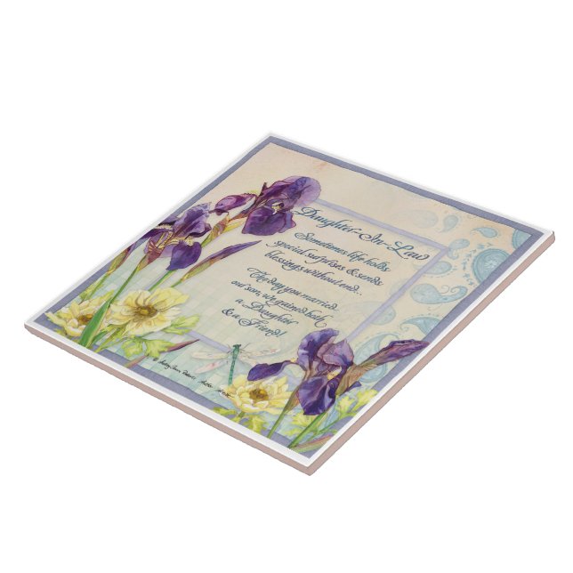 Carreau Fille en droit Calligraphie Poème Iris Aquarelle (Côté)