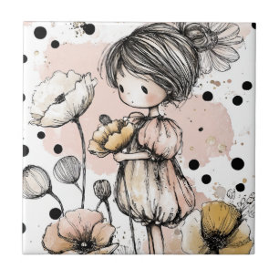 Carreau Fille Fantaisiste Aquarelle avec Accents Floraux (