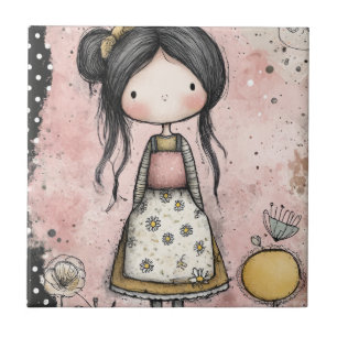 Carreau Fille Fantaisiste Aquarelle avec Accents Floraux (