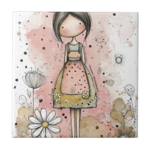 Carreau Fille Fantaisiste Aquarelle avec Accents Floraux (