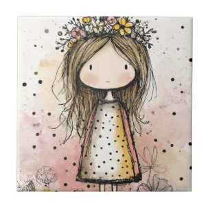 Carreau Fille Fantaisiste Aquarelle avec Accents Floraux (