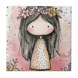 Carreau Fille Fantaisiste Aquarelle avec Accents Floraux (