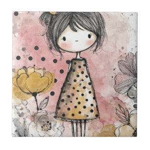 Carreau Fille Fantaisiste Aquarelle avec Accents Floraux (