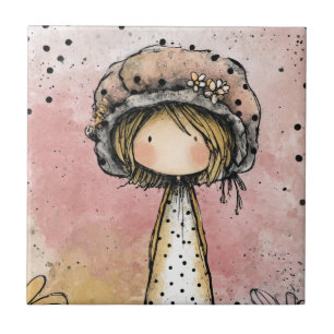 Carreau Fille Fantaisiste Aquarelle avec Accents Floraux (