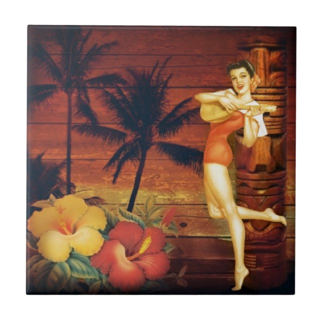 Carreau fille hawaïenne tropicale de poteau de totem de (Devant)