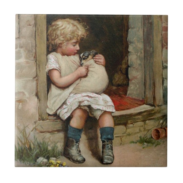 Carreau Fille jugeant le chiot mignon vintage (Devant)
