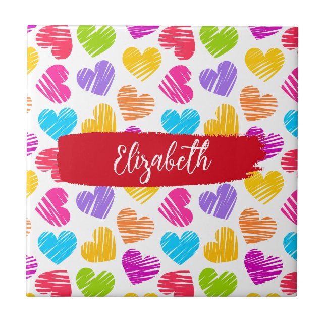 Carreau Fille moderne Vibrant Doodled Hearts Nom du Motif (Devant)