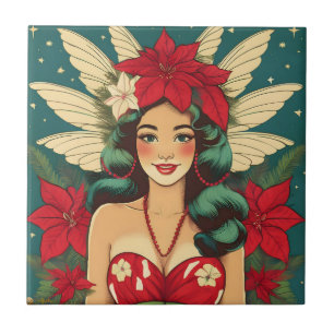 Carreau Fille pin-up de Noël tropical rétro des années 50