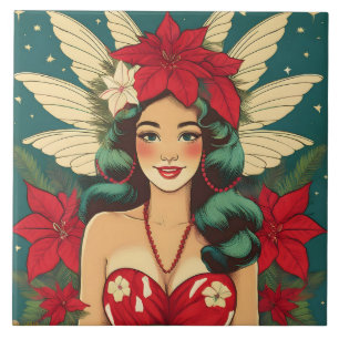 Carreau Fille pin-up de Noël tropical rétro des années 50