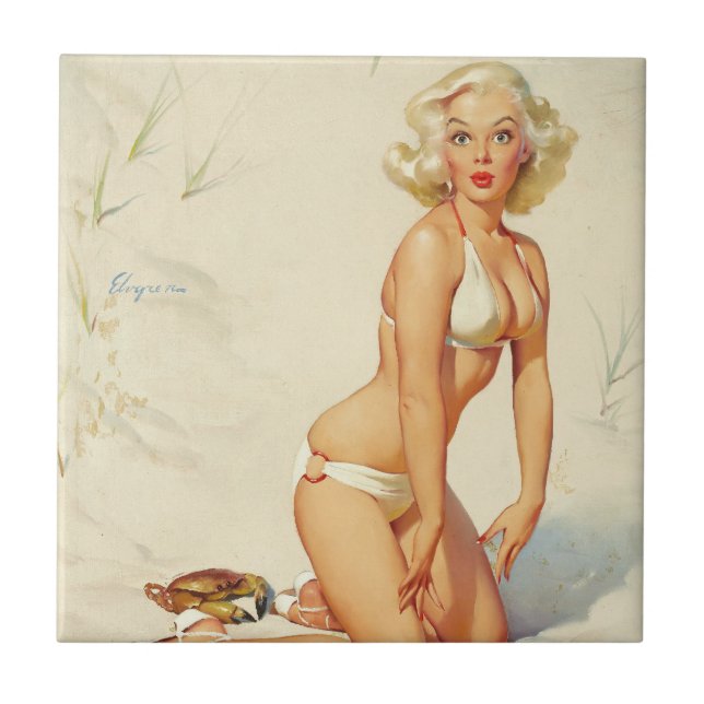 Carreau Fille Rétro Pin-up Sur la Plage (Devant)