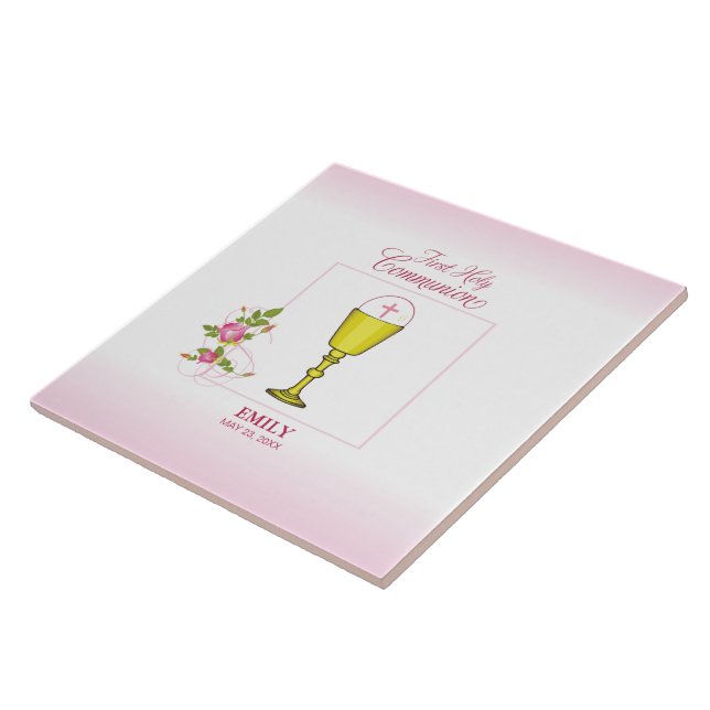 Carreau Fille Rose Première Communion, Calice, Hostie, Ros (Côté)