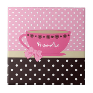 Carreau Fille Teacup rose et Brown Polka Dot Bow et nom