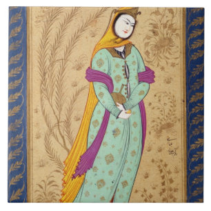 Carreau Fille tenant un navire de vin et une poire, de la