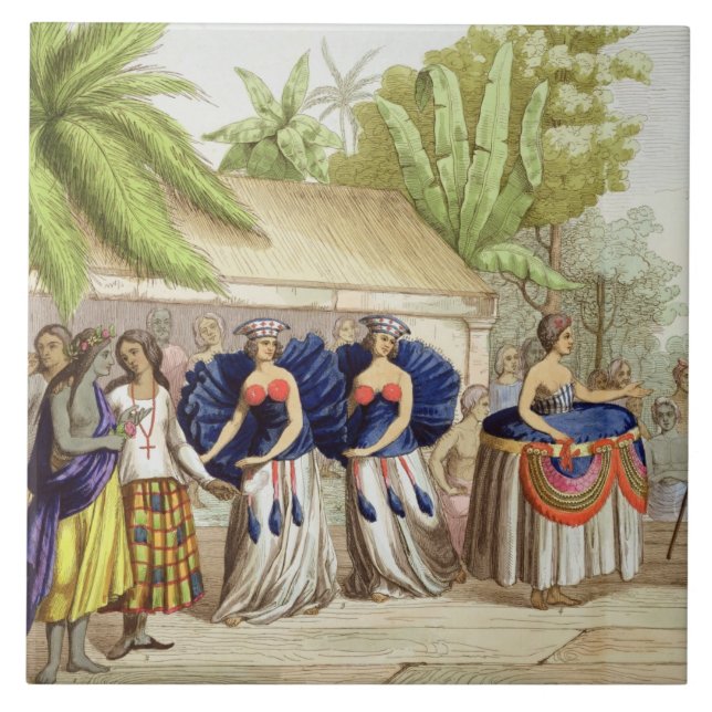 Carreau Filles de danse polynésiennes, gravées par A. (Devant)