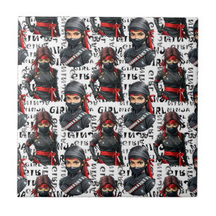 Carreau Filles Ninja Anime avec motif de texte Design