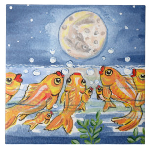 Carreau Fish Family & Moon Blue 6" Carrelage Trivet