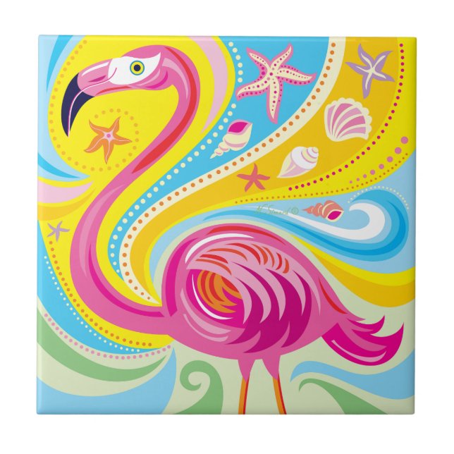 Carreau Flamant Rose avec Étoile de Mer (Devant)