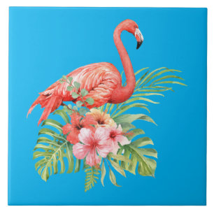 Carreau Flamant rose et fleurs d'aquarelle tropicale