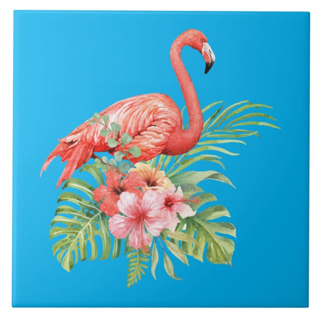 Carreau Flamant rose et fleurs d'aquarelle tropicale (Devant)