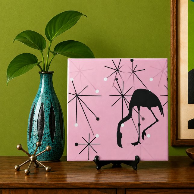 Carreau Flamant Rose Moderne Milieu de Siècle Éclaté en Ra (midcentury mod atomic starbursts flamingo silhouette Palm Spring deco beach house decor retro tile)