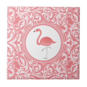 Carreau Flamant rose Rose Avec Fils Floraux Rose Et Blanc