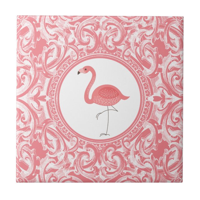 Carreau Flamant rose Rose Avec Fils Floraux Rose Et Blanc (Devant)