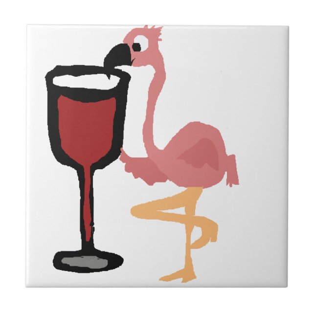 Carreau Flamant rose rose drôle buvant du vin rouge (Devant)