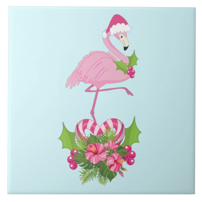 Carreau Flamant rose rose en Santa Hat avec Sucre de canne (Devant)