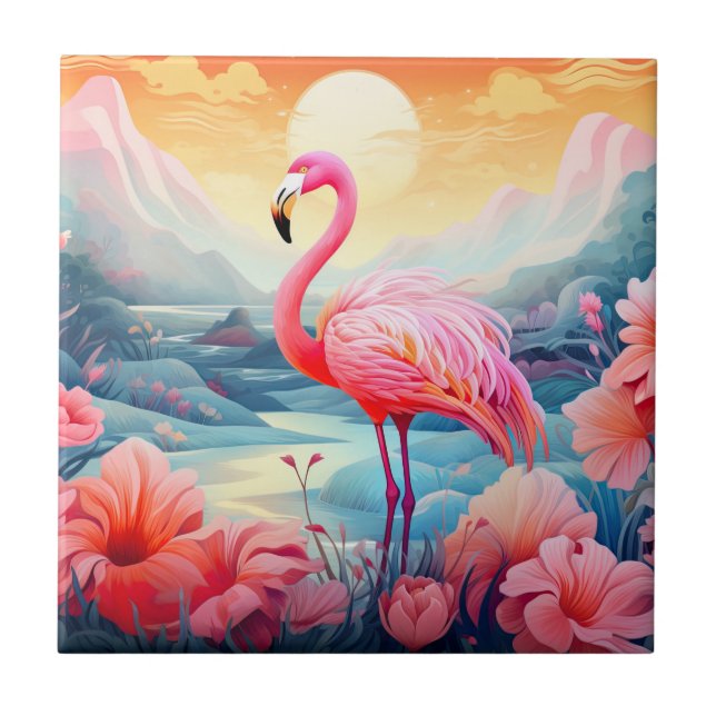 Carreau Flamant rose tropical avec fleurs-76280 (Devant)