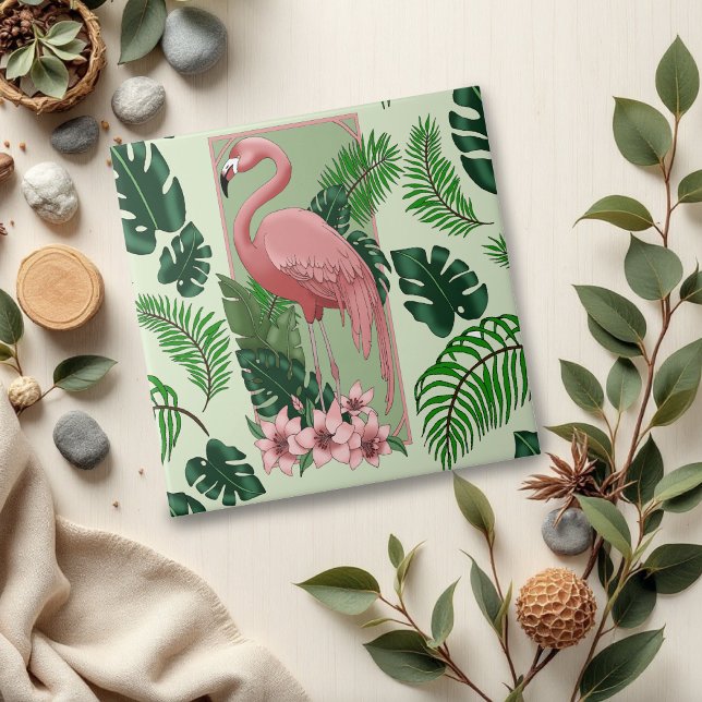 Carreau Flamant Rose Tropical Feuilles de Palmier Vert Lys (Créateur téléchargé)