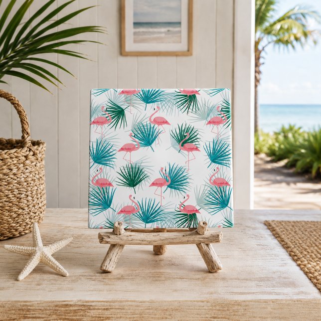 Carreau Flamants Tropicaux Feuilles de Palmier (pink flamingos and palmetto leaves tropical foliage decorative ceramic tile displayed on easel)