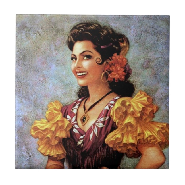Carreau Flamenco Doré Belle Fille du Calendrier Mexicain (Devant)